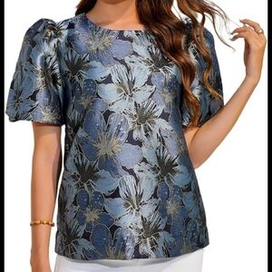 Pomander Place Tuckernuck Blue Blossom Jacquard Lyla Puff Sleeve Blouse